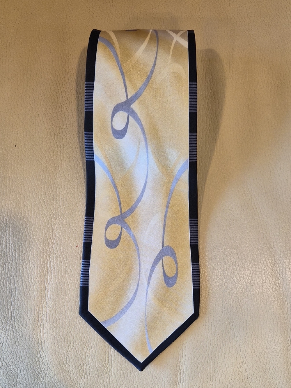 Vintage Piattelli Yellow Silk Tie with Blue Swirl and Black Trim
